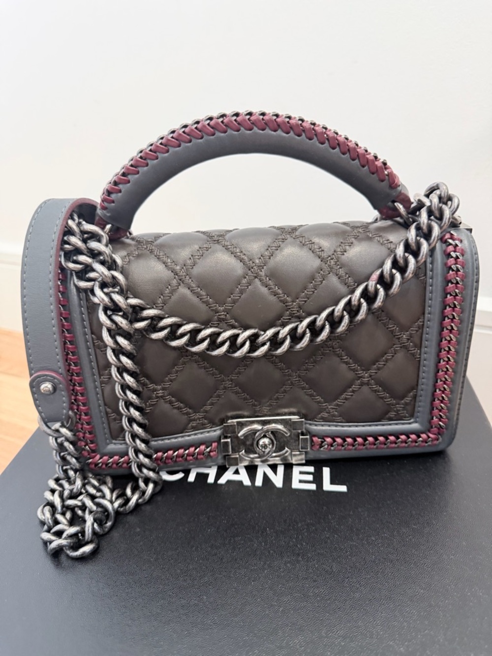 CHANEL Quilted Gray Leather Top Handle Crossbody with Pink Braided Trim